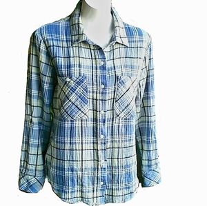 Sanctuary Blue Tomboy Plaid Buttoned Up Soft Gauze Shirt Size Medium
